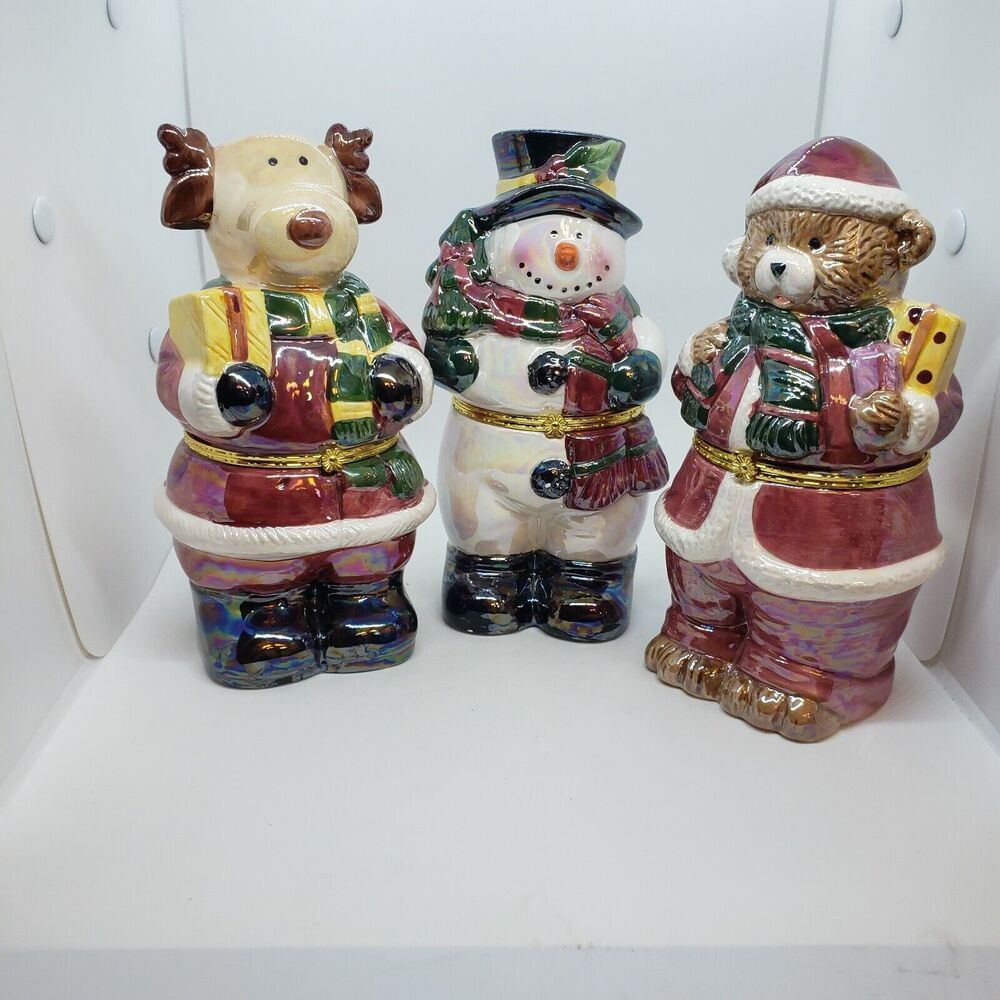 Snowman Teddy Bear and Moose Trinket Jars that open in the center